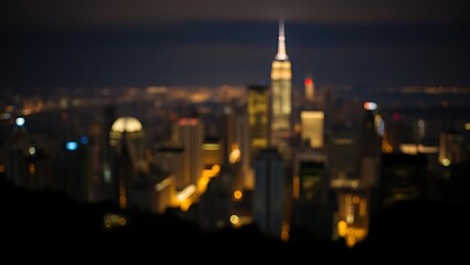 Obraz premium A vibrant city skyline illuminated by glowing lights against a softly blurred night backdrop.