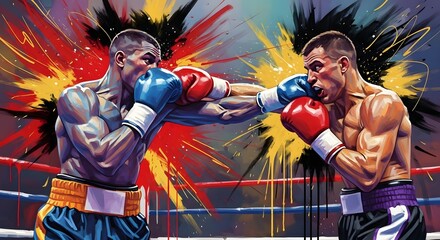 Two boxers in a dramatic boxing match, vibrant colors and dynamic action.