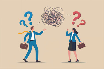 Business people experiencing confusion and uncertainty leading to decision making challenges and communication breakdown