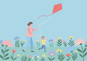Mother & child fly kite in flower garden on sky blue background for family content