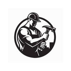Construction Worker Vector Logo Design Holding Hammer for Building and Repair Services