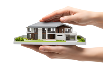 Real estate agent hands presenting modern house model, property investment marketing concept, home buying selling process, isolated on white background PNG, 3D rendering architecture scale model. 