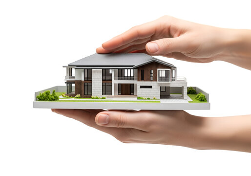 Real estate agent hands presenting modern house model, property investment marketing concept, home buying selling process, isolated on white background PNG, 3D rendering architecture scale model. 