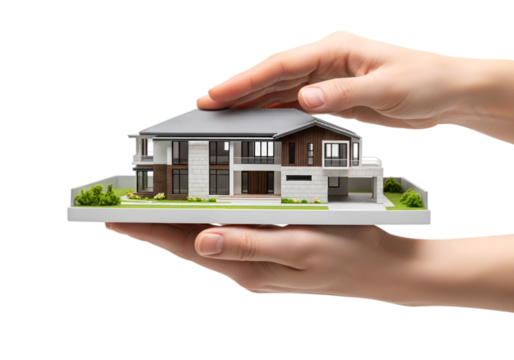 Real estate agent hands presenting modern house model, property investment marketing concept, home buying selling process, isolated on white background PNG, 3D rendering architecture scale model. 