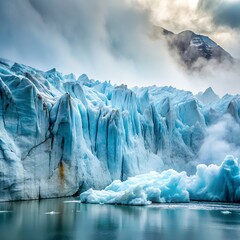 Massive blue glacier with icebergs floating in the water under dramatic cloudy skies, highlighting natures frozen beauty