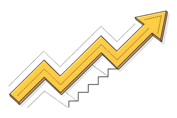 Yellow zigzag arrow pointing upwards representing growth and success isolated on transparent background