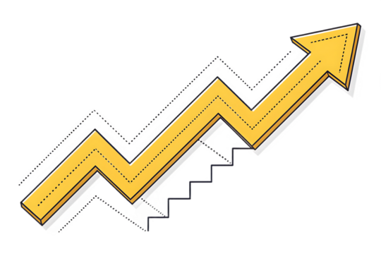 Yellow zigzag arrow pointing upwards representing growth and success isolated on transparent background