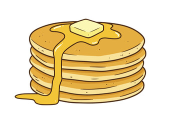 Stacked pancakes with butter and dripping syrup on white background for food blog use