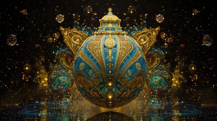 Intricate blue and gold orb floats, surrounded by sparkling lights and ornate, fractal wings