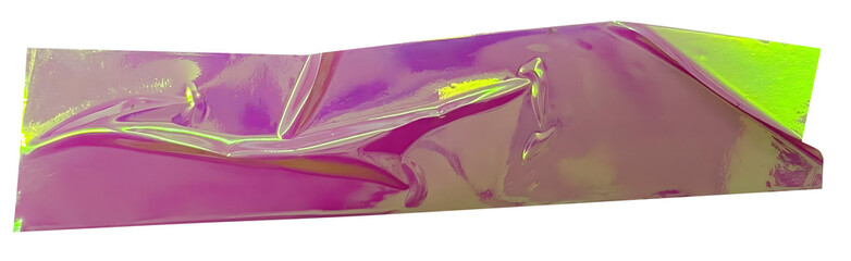 Crumpled torn pieces of pink and yellow holographic tape, iridescent adhesive shiny masking tape, sticky torn neon metallic foil texture on transparent background, y2k design