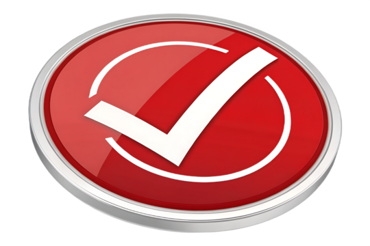 Red circular button with white check mark isolated on transparent background