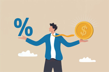 Businessman balancing percentages and coins symbolizing financial growth and investment opportunities for business success