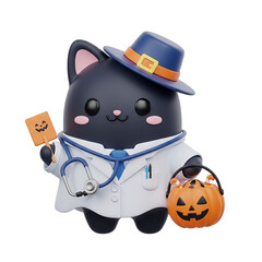 Cute Cartoon Black Cat Dressed as a Doctor for Halloween Trick or Treating