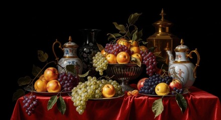 Naklejka premium Opulent Still Life Featuring Ripe Fruits and Elegant Tableware