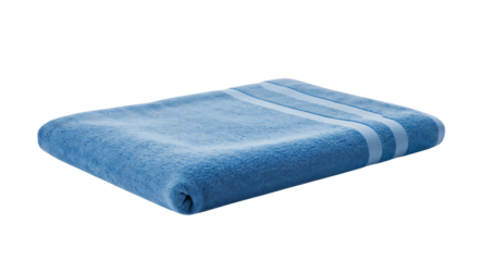 Folded blue towel with white stripes on a plain background  