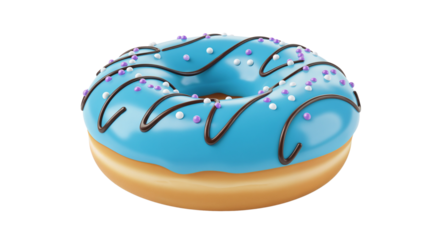 Blue donut topped with chocolate drizzle and colorful sprinkles  
