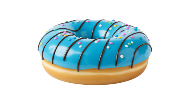 Blue frosted donut with chocolate drizzle and colorful sprinkles   - Powered by Adobe