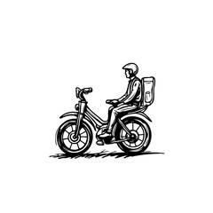 Obraz premium Monochrome illustration of a delivery person riding a moped showcasing efficient urban delivery services emphasizing speed and convenience