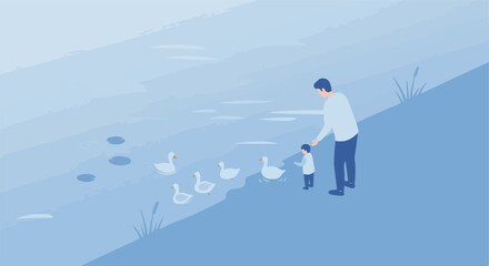 Obraz premium Parent and child feed ducks at a pond with plants in the background