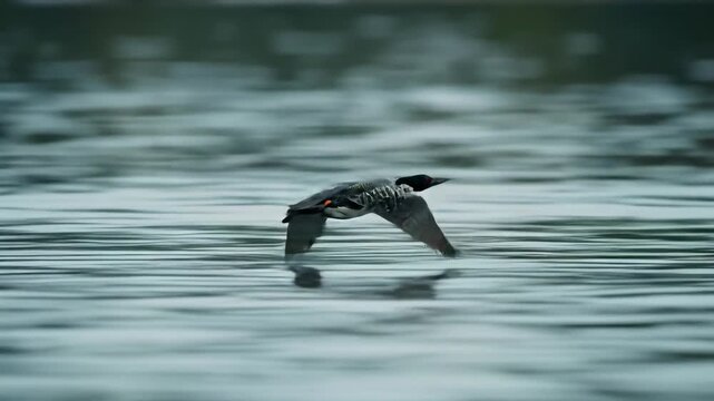 Bird flying over water skimming the surface in motion
