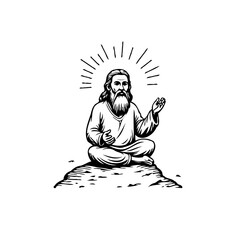 Enlightened guru meditating peacefully illustration with radiating aura and cross-legged pose over a mountain symbolic journey