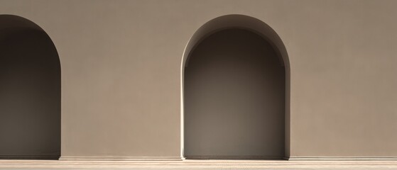 Two simple arched doorways in the style of minimalist interior design, with soft light and shadow, a beige wall, clean lines, no clutter, and neutral tones. 