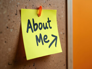 Yellow sticky note with About Me text attached to corkboard. Hand-written message with arrow on paper for personal introductions and presentations. Simple business concept for sharing information.