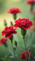 Macro shot of vibrant red carnation flowers with delicate ruffled petals. Soft green leaves and blurry background create a natural garden setting. Perfect for spring, summer, or romantic themes.