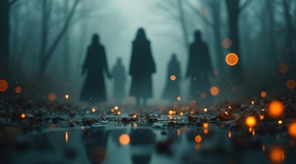 soft blurred reflection of distorted shapes, tiny floating ember specks, mysterious ambient light, surreal Halloween mood