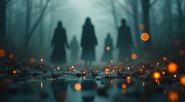 soft blurred reflection of distorted shapes, tiny floating ember specks, mysterious ambient light, surreal Halloween mood