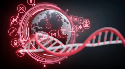 Dynamic visualization of a spinning globe surrounded by digital elements and a flowing DNA strand, showcasing the interconnectedness of science and technology in a vibrant, futuristic design - Powered by Adobe