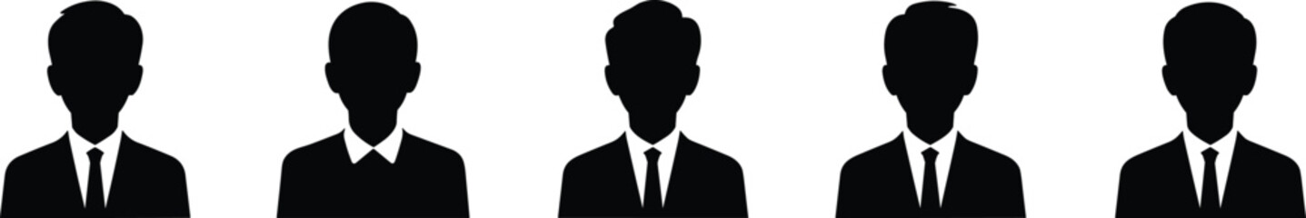 Silhouette icons of businessmen in suits, ideal for corporate branding, professional design, business presentations, leadership, teamwork, and strategy visuals.