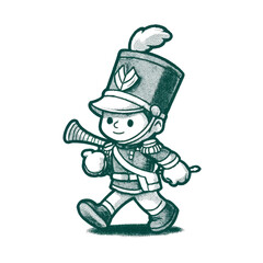 Fototapeta premium Cartoon marching band musician with a bugle and feathered hat depicted in profile