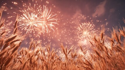 Fireworks over golden wheat field