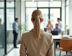 Obraz premium Modern office collaboration features professional meetings and engagement among diverse staff. Team members discuss ideas in a dynamic atmosphere, fostering innovation and efficiency.