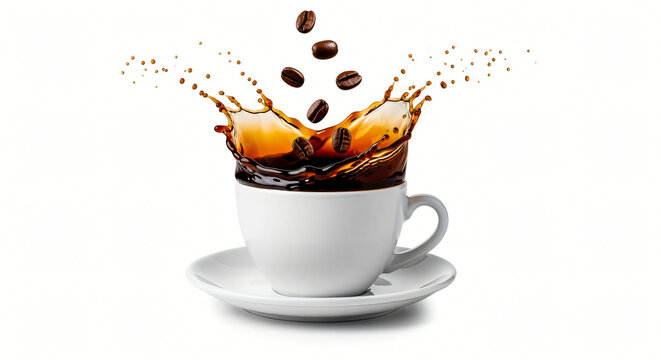 A dynamic splash of dark coffee erupts from a white cup as roasted beans fall into the liquid, creating an energetic beverage moment.