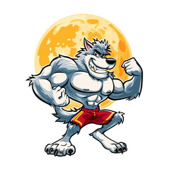 Fototapeta premium Muscular cartoon werewolf flexing biceps in front of a full moon muscle