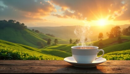 Steaming cup of tea placed on rustic wooden table, overlooking green tea plantations at sunrise. Warm morning sun illuminates rolling hills, creating serene, refreshing atmosphere for healthy