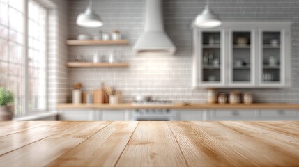 Wooden table top in front of a blurred kitchen.