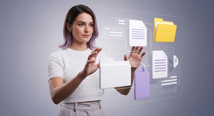 Professional young woman using a futuristic holographic interface to organize digital documents and data