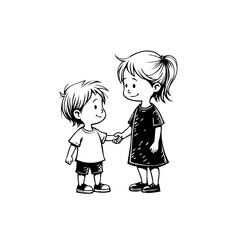 Illustration of a young boy and girl holding hands showcasing friendship bonding and childhood innocence drawn in black and white