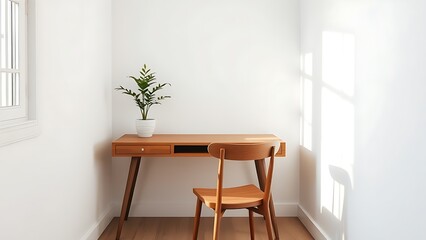 A minimalist office corner features a wooden desk and chair with a single potted plant, illuminated by clean natural ambient light.