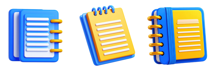 Three Dimensional Plastic Style Notebook Icons In Vibrant Blue And Yellow With Detailed Paper Pages And Gold Binding On Transparent Background