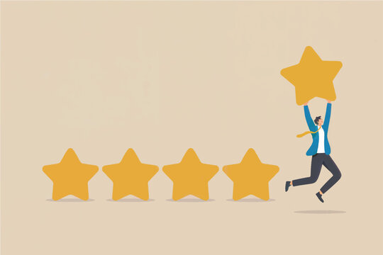 Man in suit completes five star rating system with golden star celebrating customer satisfaction and service excellence