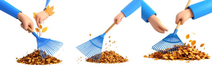 Hands Raking Leaves in Autumnal Scene Showing Yard Work Process With Blue Sleeves and Animated Yellow Leaf Against Transparent Background