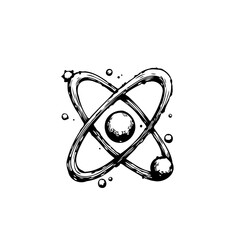 Hand drawn atom model design, conceptual physics illustration, atomic structure and subatomic particles scientific research exploration