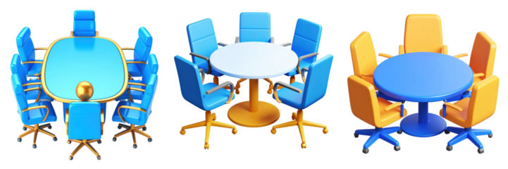 3D Plastic Style Icons Of Meeting Tables And Chairs In Various Colors Isolated On Transparent Background