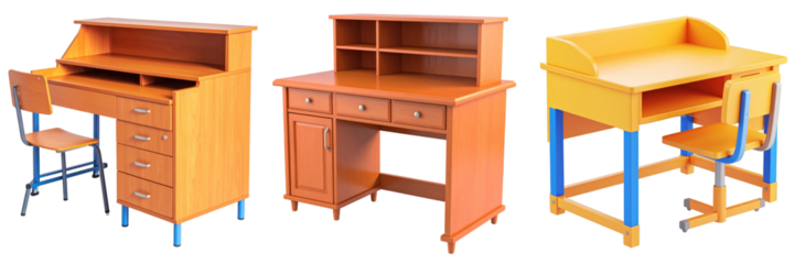 3D Plastic Style Collection Of Desks Isolated On Transparent Background With Brown And Yellow Color Scheme