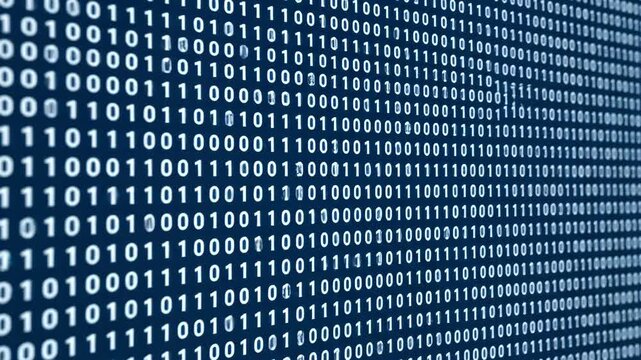 Digital Binary Code Stream on Blue Background - Close-up view of a digital background displaying rows of binary code, ones and zeros, in a repeating pattern.