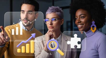 Diverse business team collaborating on futuristic data analysis and strategic planning